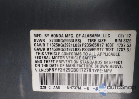 2012 Honda Pilot Lx z USA, uszkodzony, nr VIN 5FNYF3H29CB01278